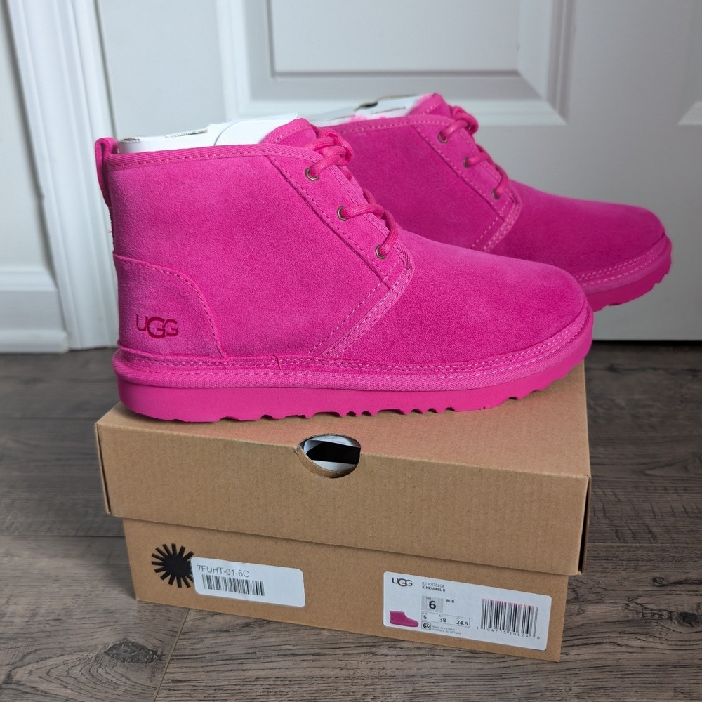 🆕 UGG Suede Neumel Lace Up Wool Lined Women Chukka Warm Boots Sz 6 Pink Fuchsia